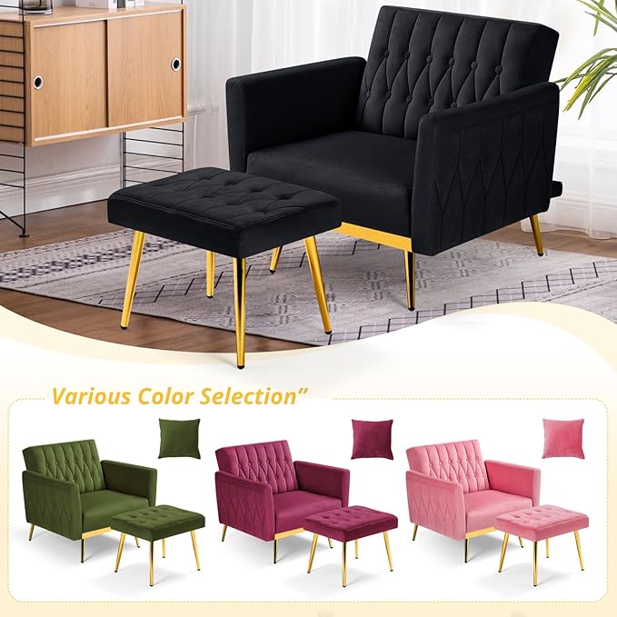 Velvet Accent Chair with Adjustable Armrests and Backrest, Button Tufted Lounge Chair, Single Recliner Armchair with Ottoman and Pillow for Living Room, Bedroom, Black