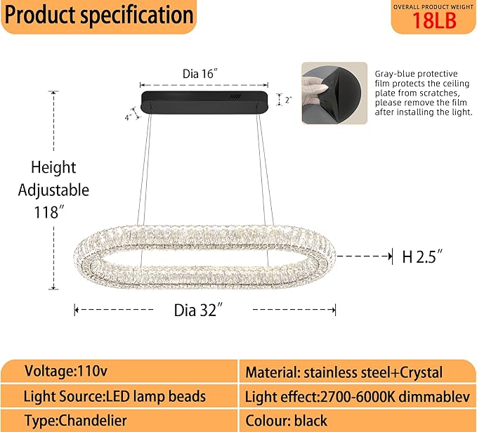 Oval Crystal Chandelier, 31.5'' Black Crystal Ring Pendant Light for Kitchen Island Modern Linear Oval Chandeliers for Dining Room Dimmable 3000K-6000K