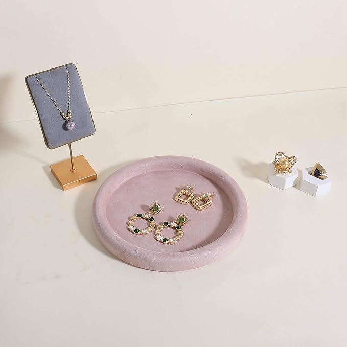 GemeShou Round Jewelry Organizer plate, Top Microfiber velvet Jewerly display tray, Empty Jewelry showcase tray for Necklace Bracelet Ring Earring display stand holder (Pink-Medium, 7.9 x 7.9 in)
