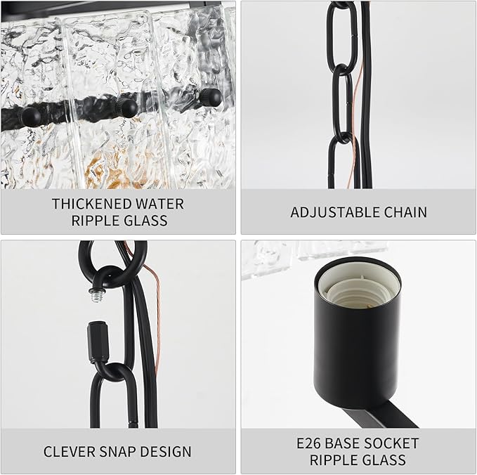 Modern Chandeliers for Dining Room,20" Black Luxury Water Ripple Glass Bedroom Light Fixture,5-Light Glass Pendant Lights Kitchen Island for Living Room,Foyer