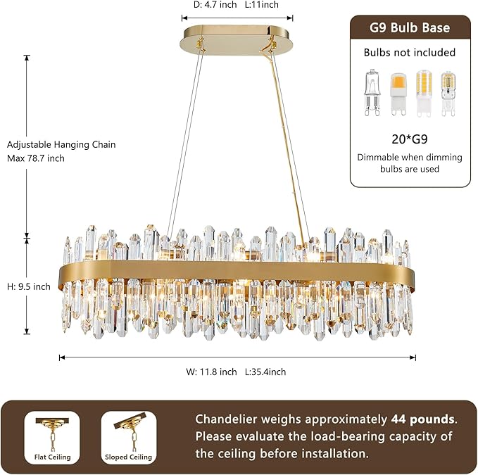Modern Crystal Chandelier, 20-Lights Rectangle Gold Raindrop Chandelier Luxury Oval Pendant Ceiling Light Fixture for Living Room Dining Room Kitchen Island L35.4''