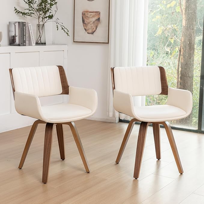 LUNLING Swivel Accent Faux Leather Dining Chairs Set of 2, Mid Century Modern Chairs with Wooden Legs/Armrest/Upholstered Seat/Adjustable Foots for Kitchen Dining Room Desk Chairs,Beige