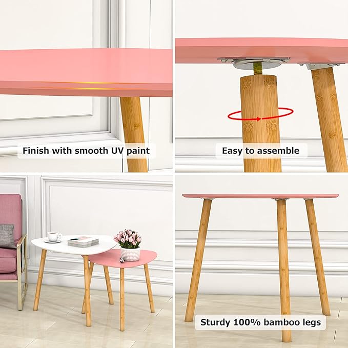 Bambloom Bamboo Nesting Coffee Tables - Small Coffee Table for Living Room, Set of 2 Triangle End Table Modern Side Table for Bedroom Apartment Balcony Yard Small Spaces, (White & Pink)
