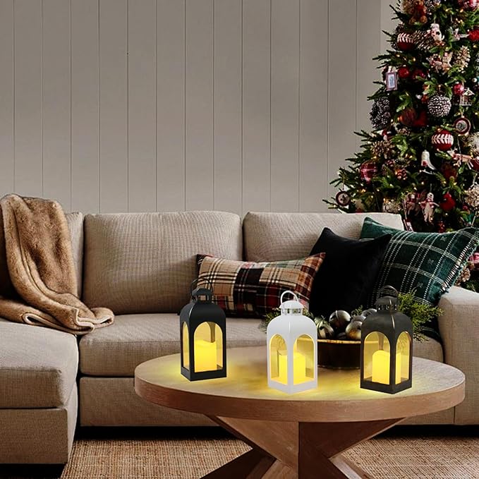 Decor Modern Farmhouse Lantern Decor Set of 4, Black Metal Small Candle Lanterns, Wooden Lanterns Decorative w/Timer & Remote-Controlled Flickering Candles for Home, Indoor, Table (Black)