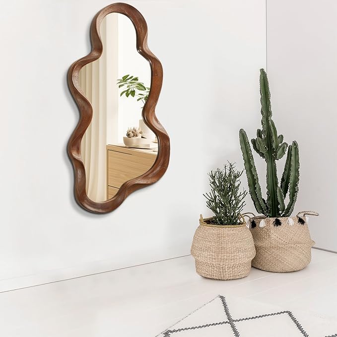 Irregular Wood Frame Mirror Asymmetrical Mirrors for Wall Unique Cloud Modern Living Room Bedroom Vanity Entryway Hallway Decorative Artistic Cute and Stylish Wall Mirror Large 36"x20"