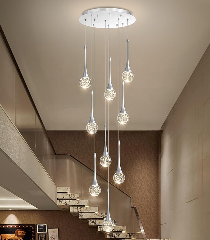 9 Light Modern Glam Crystal Chandelier for High Ceiling LED Dimmable Ceiling Pendant Light Staircase Foyer Enterway Living Room Chandelier Lighting Antique Silver