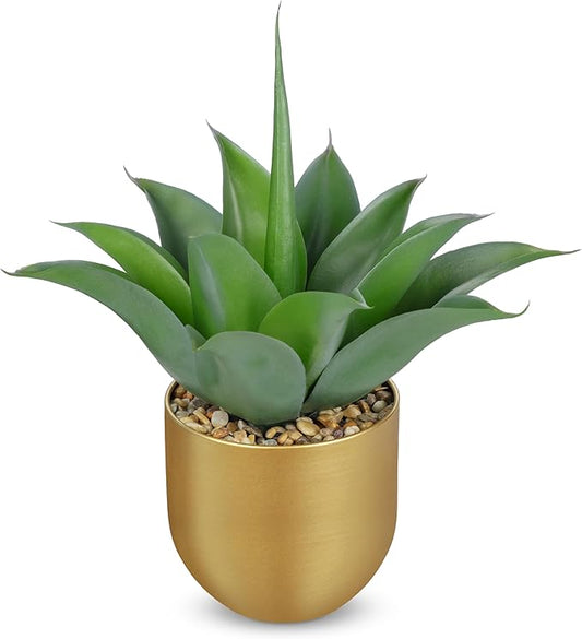 Briful Artificial Agave Plant in Gold Metal Pot, 13 Inch Tall Faux Succulent with Gray-Green Wide Leaves, Realistic Decorative Fake Plants for Home, Office, Shelf, Tabletop Decor