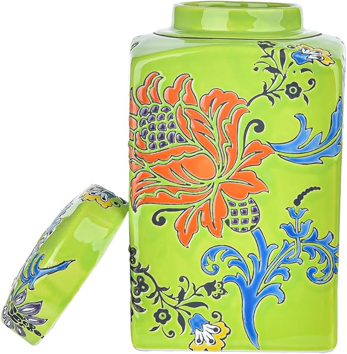 Sungmor Decorative Ceramic Ginger Jar with Lid, Square Ceramic Storage Jar Tea Canister, 8.2" Hand Painted Floral Pattern Porcelain Vase for Table Centerpiece, Green Glazed Ginger Jar for Home Decor