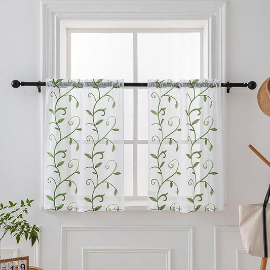 VISIONTEX White Sheer Voile Curtains, Decorative Leaves Embroidery Faux Linen Rod Pocket Window Drapes for Home Kitchen, Living Room and Bedroom 26 x 36 Inch, Set of 2 Curtain Panels