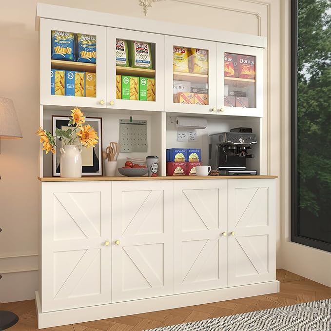 Vyre 71" Farmhouse Kitchen Pantry Cabinet Set of 2, White Freestanding Coffee Bar Hutch with Glass Doors & Adjustable Shelves, Large Storage Cabinet with Microwave Stand for Living Room & Kitchen