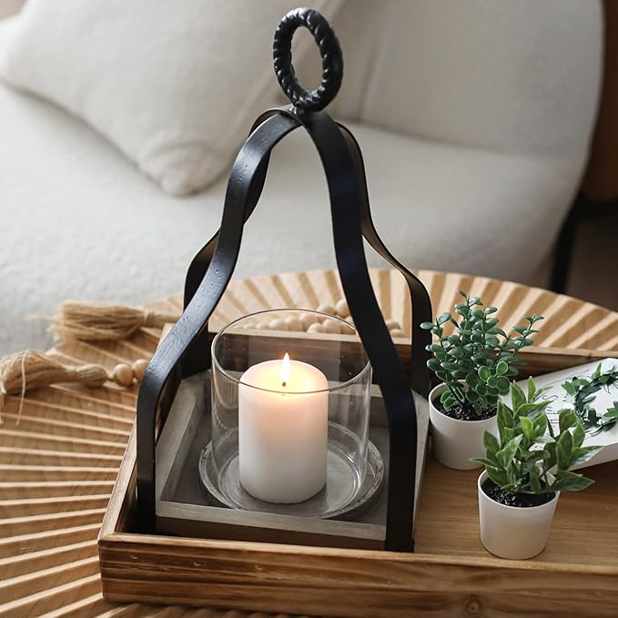 SwallowLiving 13" Rustic Farmhouse Wood and Metal Candle Candlestick Lantern Patio, Table Centerpiece