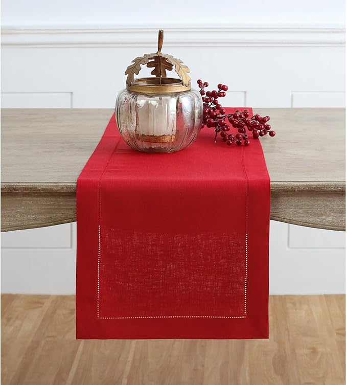 Solino Home Linen Red Table Runner 120 Inches Long - 100% Pure Linen 14 x 120 Inch Table Runner for Christmas, Holiday - Classic Hemstitch