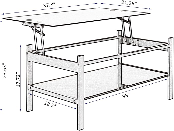 Lift Top Coffee Table, Modern Simple Black Tempered Glass Coffee Tables for Living Room Size 37.8"(W) x 21.6"(D) x 17.72"(H)
