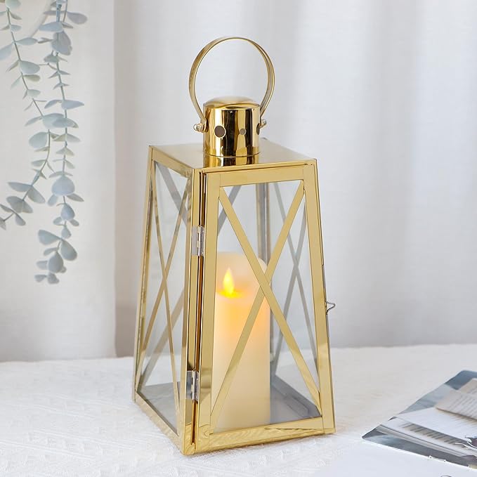TRIROCKS Stainless Steel Decorative Lantern 12''H Metal Outdoor Candle Holder Hanging Candle Lantern with Tempered Glass for Christmas Home Wedding Living Room Parties Indoor Outdoor(Gold Trapezoid)