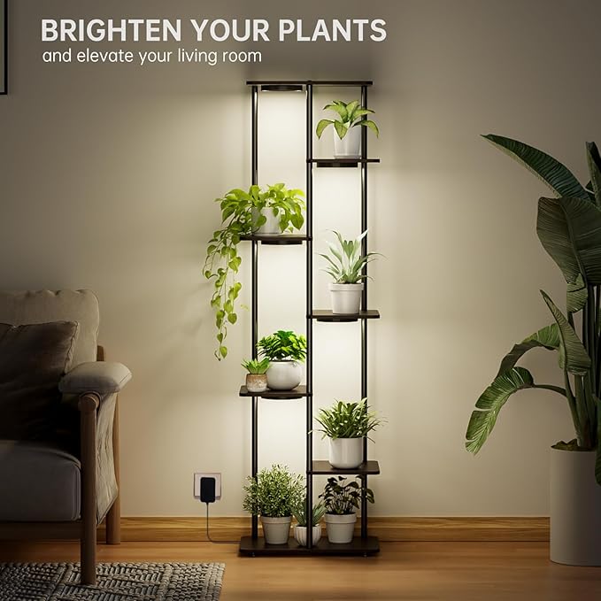 Plant Stand Indoor with Grow Lights, 7-Tier Flower Rack, 5-Pack Full Spectrum Lights with Timer, Corner Plant Stand for Indoor Plants, 53" Tall Rectangular Stand for Living Room