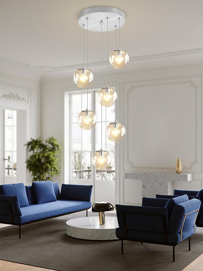 H 87in Modern Glass Globe Chandelier 6-Lights Glass Pendant Light for Staircase Silver Globe Chandelier Clear Glass Hanging Lighting for Living Room Bedroom Entryway