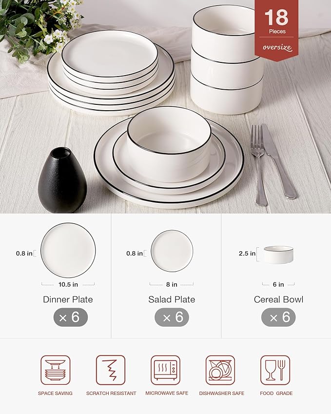 Famiware Porcelain Dinnerware Set, 18-Piece Modern Plate and Bowl Set, dish set for 6, Microwave and Dishwasher Safe Tableware, White with Black Trim