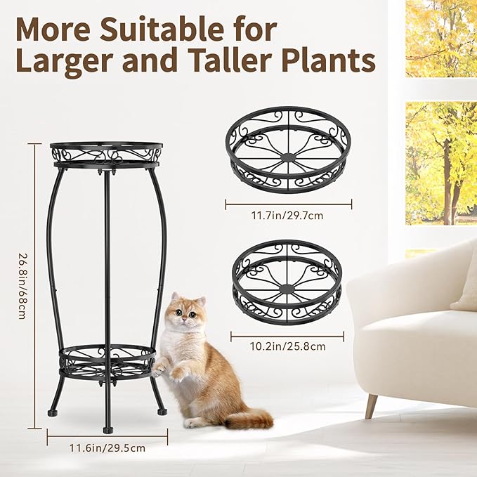 LASZOLA 2 Tier Black Plant Stand Indoor Outdoor for Large Tall Flower Planters on Patio, Heavy Duty Metal Multi Vertical Rack for Narrow Floor Corner, Sturdy Round Holder Organizer Modern Mid Century