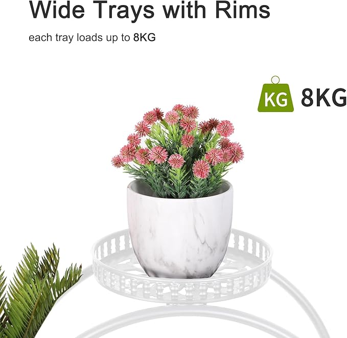 unho Metal Plant Stand 6-Potted: Flower Pot Holder with Wheels 4 Tier Display Shelf Rack for Patio Balcony Yard Garden Home Decor, White