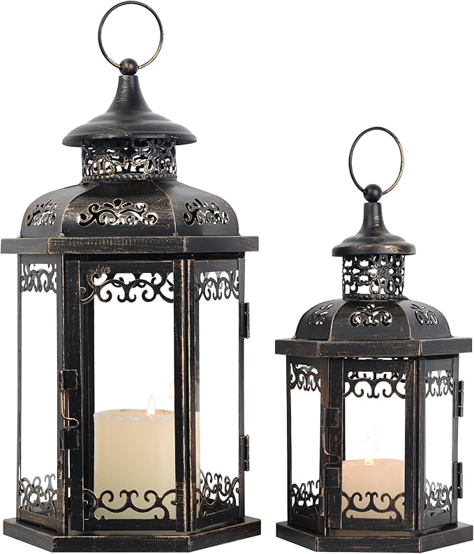 DECORKEY Large Lantern Decorative Outdoor & Indoor, Set of 2 (15’’&11’’) Metal Candle Lanterns Decor, Vintage Hanging Candle Holder for Front Porch Patio Wedding Farmhouse Home, Spring Decoration