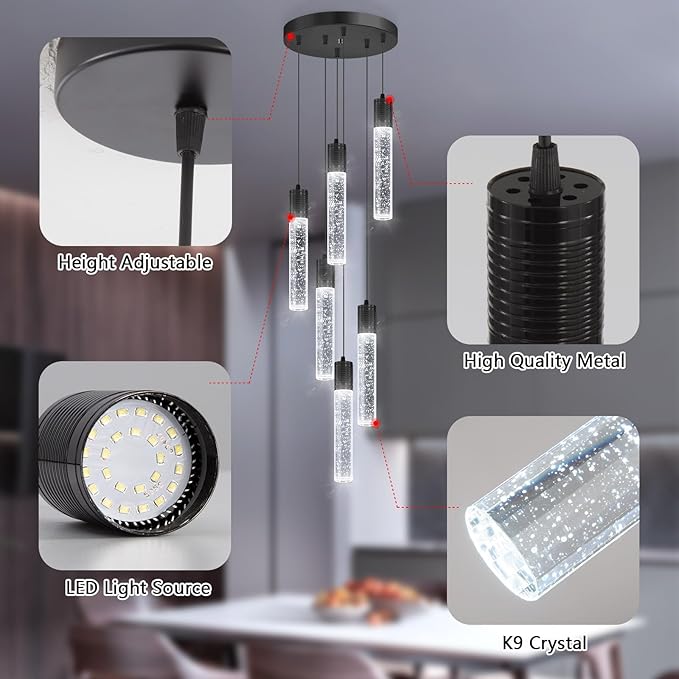 Modern Pendants Light for Kitchen Island Crystal Mini Chandeliers Dining Room LED Pendant Lighting Fixture High Ceiling Hanging Lights Bedroom Island Kitchen Foyer 6000K White Light Fixtures Black