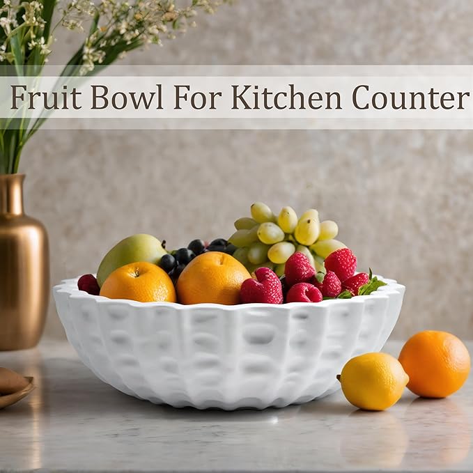 Modern Decorative Bowl, Sculptural Resin Display Bowl for Home Decor, Large Centerpiece for Kitchen Counter or Entry Table, Key Bowl or Fruit Bowl, White