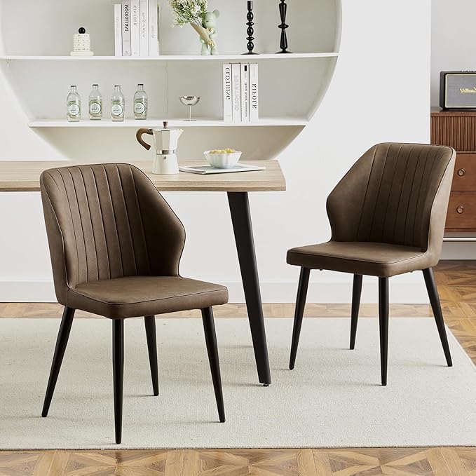 CLIPOP Faux Leather Dining Chairs Set of 6, Mid Century Modern Kitchen Chair, Upholstered Seat Leisure Side Chair with Backrests, Metal Legs for Living Room, Lounge, Guest Room, Brown