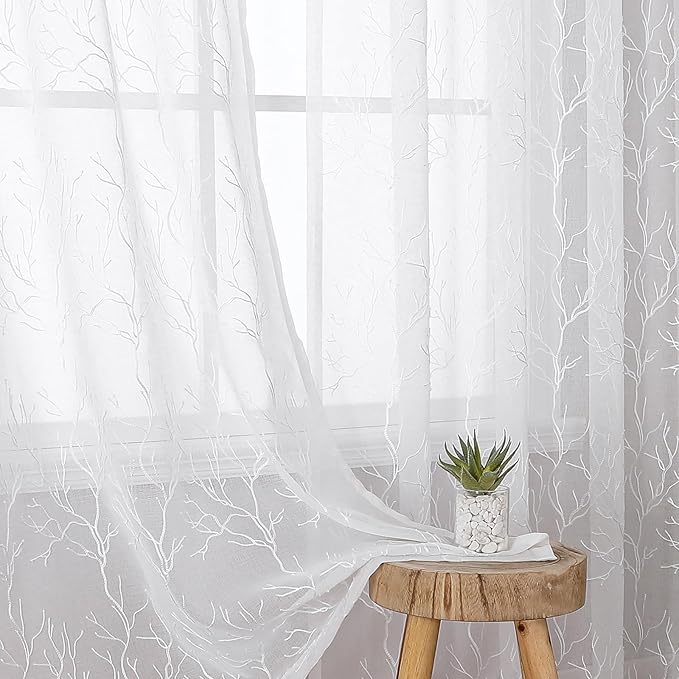 VISIONTEX Sheer Curtains 72 inch Length 2 Panels Set, Decorative White Coral Embroidery, Rod Pocket Embroidered Window Drapes for Living Room and Bedroom, 54" x 72"