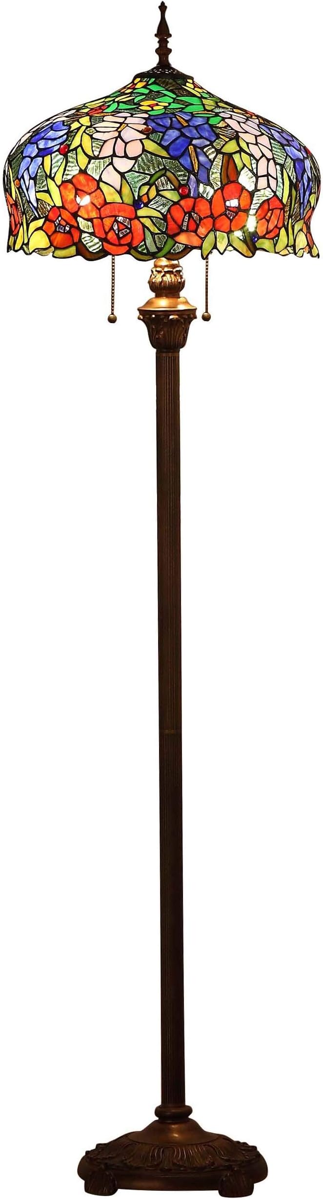 Bieye L10574 Wisteria and Rose Flower Tiffany Style Stained Glass Floor Lamp with 16 inch Wide Shade, 63 inch Tall