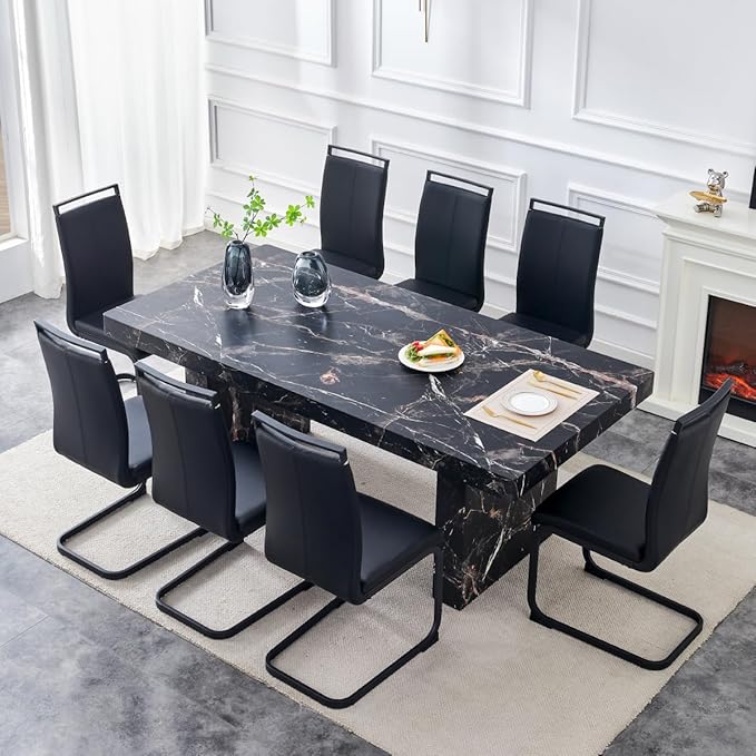 79" Marble Dining Table Set｜Modern Dining Table Set with 8 Faux Leather Chairs｜Engineered Wood with Marble Pattern Tabletop｜Widened and Stable Tablelegs｜Easy Assembly