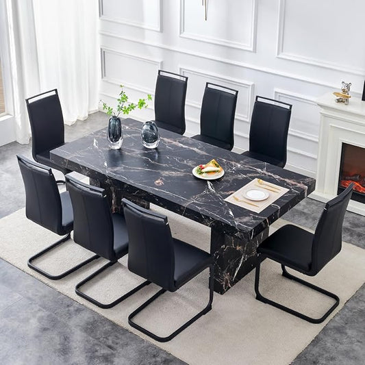 79" Marble Dining Table Set｜Modern Dining Table Set with 8 Faux Leather Chairs｜Engineered Wood with Marble Pattern Tabletop｜Widened and Stable Tablelegs｜Easy Assembly