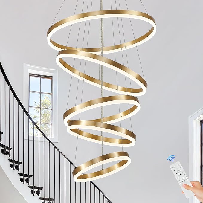 Modern LED Chandelier for Foyer Dimmable Gold High Ceiling Chandeliers Foyer with Remote Control for Entryway Dining Room Living Room Staircase, 3000K-6500K(5-Rings D23.6’’)