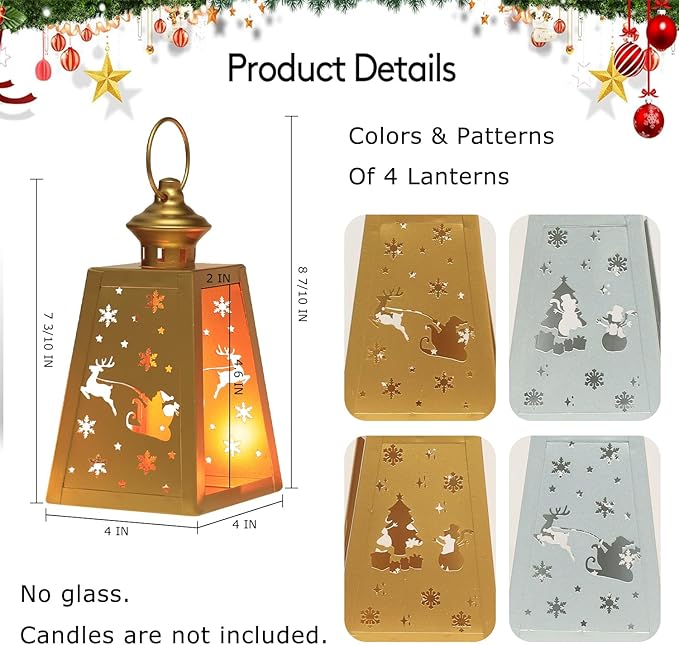 DECORKEY Christmas Decorations Outdoor&Indoor,4PCS Vintage Decorative Candle Lanterns for Home Centerpiece Table Decor Gift (2 Golden + 2 Silver, No Glass)