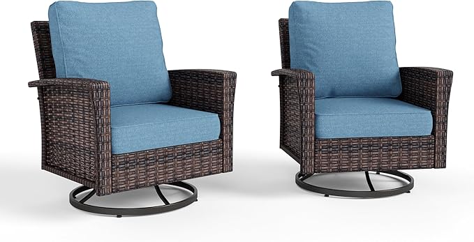 HERA'S HOUSE Outdoor Wicker Swivel Chairs with 5.5" Thick Cushions, 35" High Back Patio Chairs Set of 2, Deck Balcony Backyard Furniture, Navy Blue