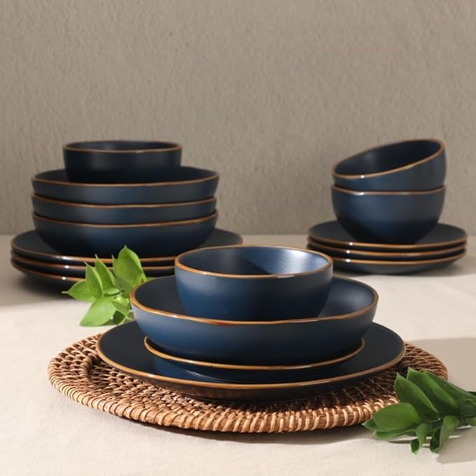 Gibson Home Hazeltine 16 Piece Plates and Bowls Dishes Stoneware Ceramic Dinnerware Set - Navy Blue