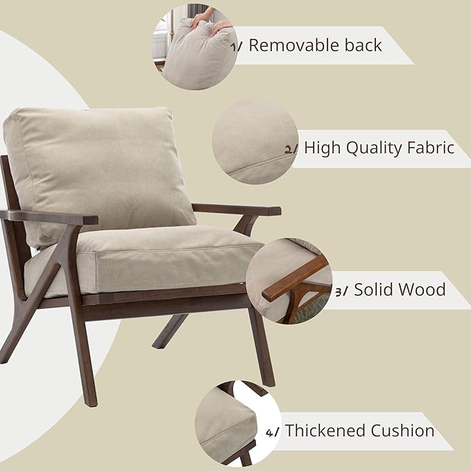 Wahson Mid Century Arm Chair and Ottoman Set, Upholstered Accent Armchair with Wood Frame and Canvas Cushions, Leisure Slipper Chair for Living Room/Bedroom, Beige