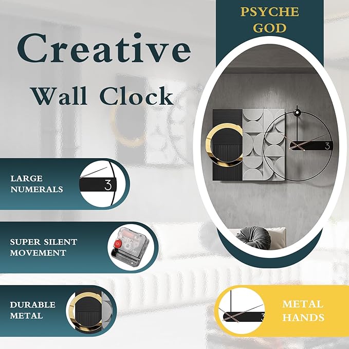 Wall Clock Large Oversized 30 Inch - Modern Nordic Style Black Metal, Battery Operated Silent Non-Ticking Decorative Clock for Living Room Bedroom Office
