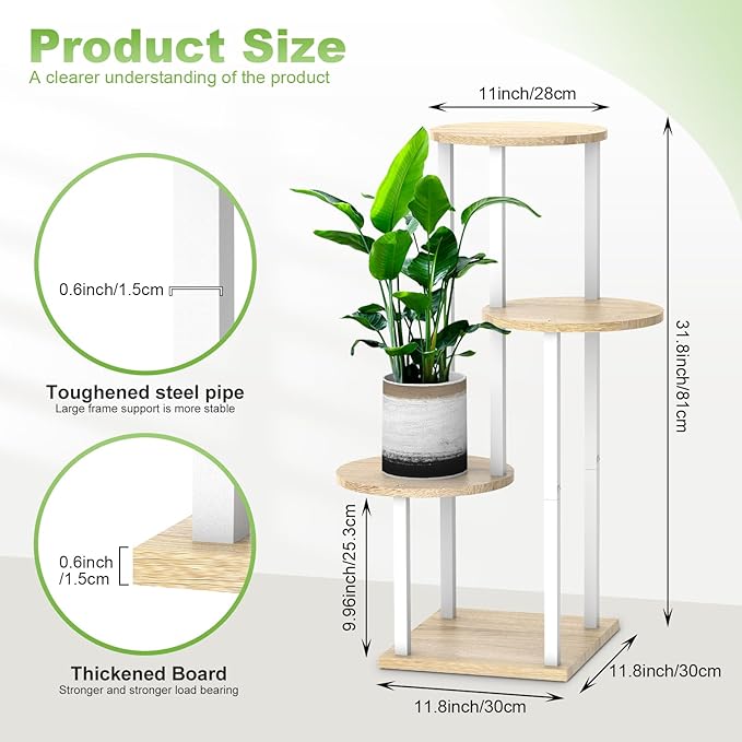 4 Tier Wood Tall Plant Stand Metal Rack Indoor, Multiple Flower Pot Holder Shelves Corner Rack, Round Planter Shelf Display Rack Storage Organizer for Patio Living Room Balcony(White Oak)
