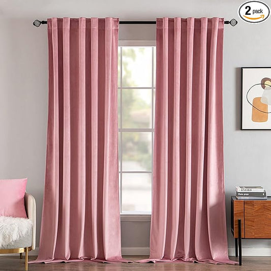 MIULEE Velvet Curtains 90 inches 2 Panels - Luxury Blackout Curtains for Girls Bedroom Nursery Living Room Thermal Insulated Super Soft Window Drapes Rod Pocket & Back Tab, Blush Pink, W52 x L90 inch