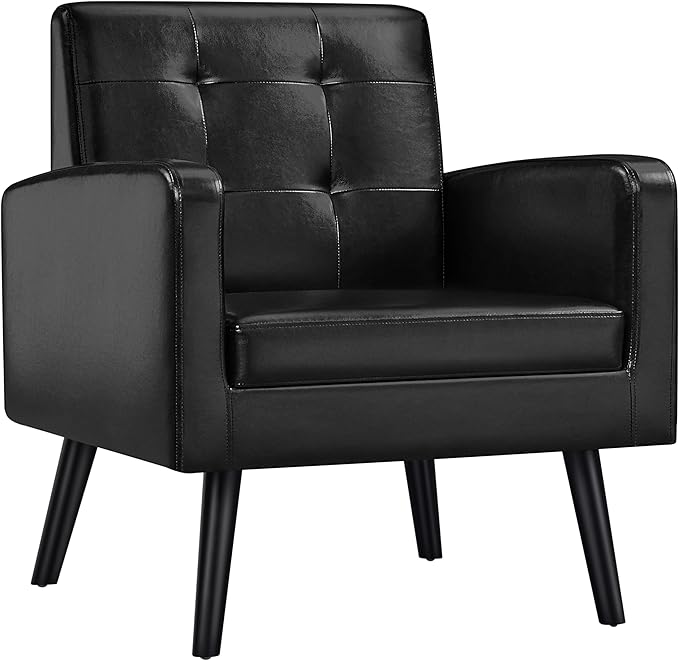 Yaheetech Mid-Century Accent Chairs, PU Leather Modern Upholstered Living Room Chair, Cozy Armchair Button Tufted Back and Wood Legs for Bedroom/Office/Cafe Black