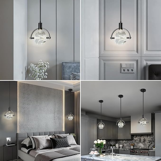 Pendant Ceiling Light Fixture for Kitchen Island, Modern Mini Integrated LED Hanging Light, Crystal Pendant Light in Black, Bedroom, Dining Room, Bar (1-Lights)