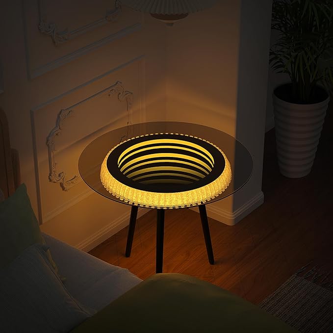 Bigbiglife Small Coffee Table with Led Light, Luxury Round Table with 3D Mirror, Glass Side Table for Appartment Home Living Room
