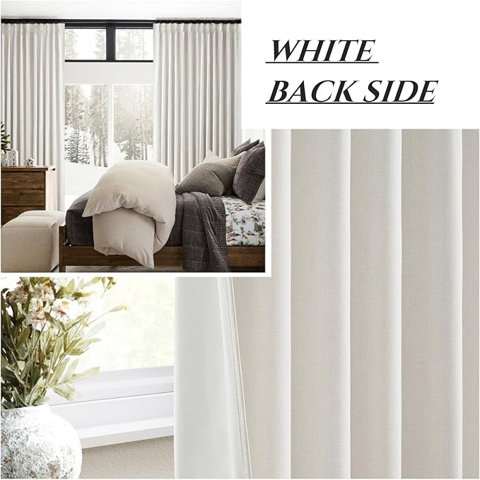 Birch Unique 80 Inch Pinch Pleated Curtains Blackout for Bedroom 2 Panel Set, Neutral Cream Linen Blend Pleat Memory Trained Drapes Room Darkening Insulated Nursery Back Tab 40x80 Inches Window Burg
