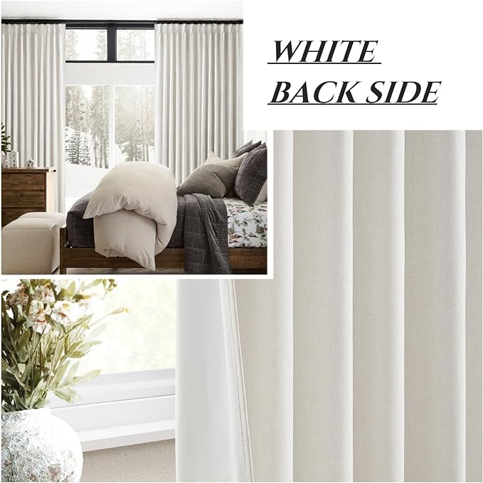 Living Room Darkening Curtains 72 Inches Long, Linen Blackout 6 ft Length 2 Panels Set Cute Black Out Window Drapes for Bedroom Insulated Thermal Curtain for Summer Heat Cream White (Pinch Pleated)