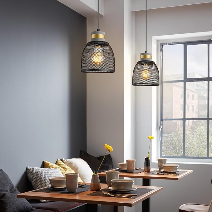 Modern Industrial Pendant Light Fixture with Concrete and Black Metal Linear Shade Black Pendant Light Kitchen Island for Bedroom Dining Room Restaurant(Black 1-Pack)