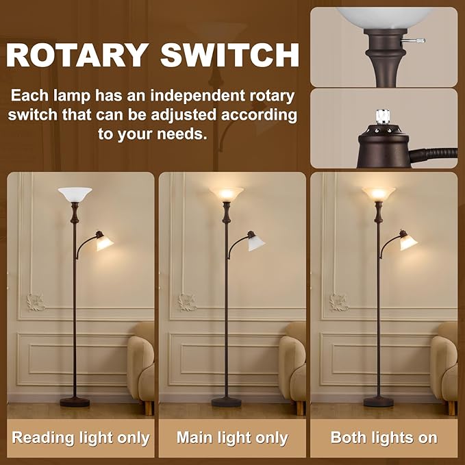 71'' Torchiere Floor Lamp for Bedroom with Glass Shade, Tall Floor Lamps for Living Room with Adjustable Angle Arc Reading Light, Modern Standing Light, Knob Switch, Bulb Included, Red Brown