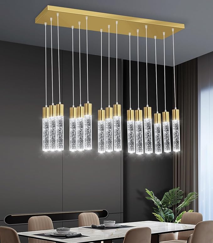 15-Lights Modern LED Pendant Lighting Fixture for Kitchen Island Crystal Chandelier Light Fixtures for Dining Room Living Room Gold