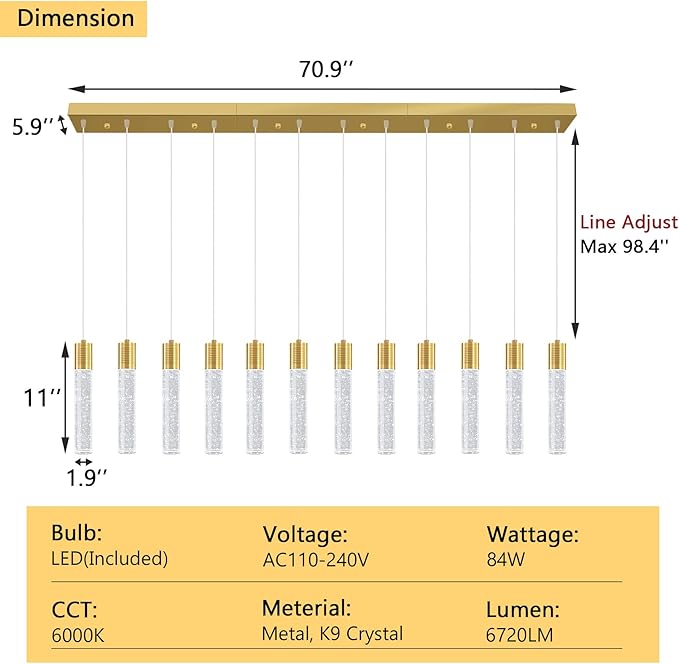 Modern Crystal Chandeliers LED Pendant Light for Kitchen Island Dining Room Entrance Foyer Living Room 6000K Gold