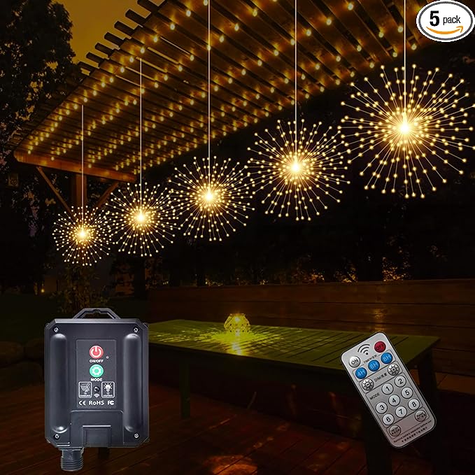 5 Pcs 1000LED Solar Starburst Sphere Lights,Firework Light Remote Control Timer 8 Modes Dimmable Waterproof Hanging Fairy Light, Sparkly Lights for Patio Garden Tent Outdoor(Warm White)