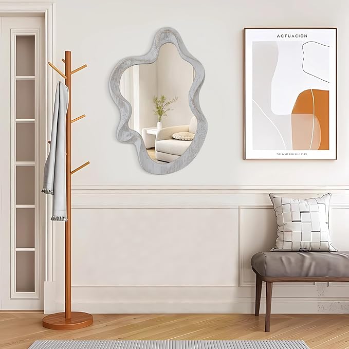 Irregular Wooden Framed Wall Mirror Modern Asymmetrical Unique Hanging Mirror Artistic Unique Cloud Wavy Shape Wall Decor Bathroom Vanity Bedroom Living Room Entryway Hallway Large